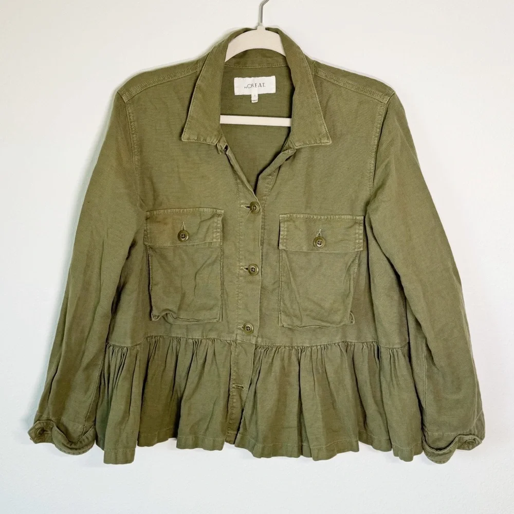 THE‎ GREAT Flutter Army Vintage Army Green Peplum Crop Jacket Size 1 Small